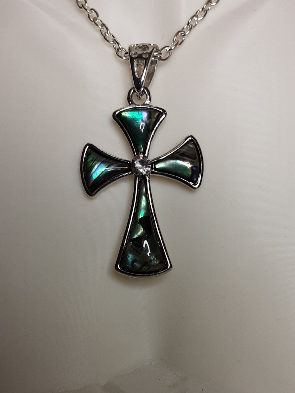 Handmade Silver Cross Pendant Necklace with Iridescent Green Abalone Look Inlay